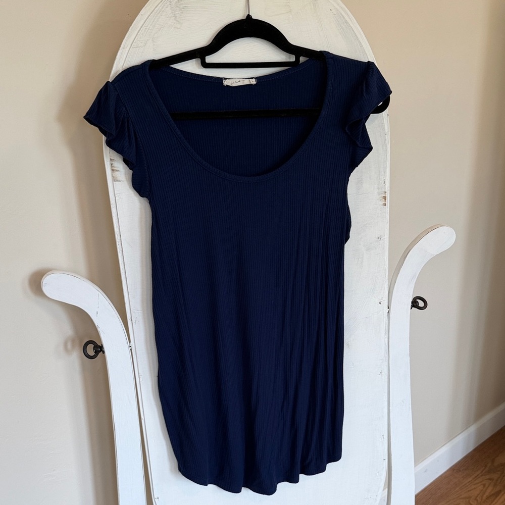 Hello MIZ Dark Blue Ruffle Sleeve Top